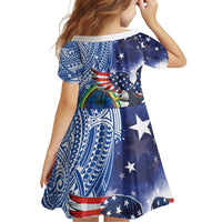 Guam and United States Together Family Matching Off Shoulder Short Dress and Hawaiian Shirt Bald Eagle and Guam Seal with Flower and Tribal Tattoos - Polynesian Pride