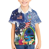 Guam and United States Together Family Matching Off Shoulder Short Dress and Hawaiian Shirt Bald Eagle and Guam Seal with Flower and Tribal Tattoos - Polynesian Pride