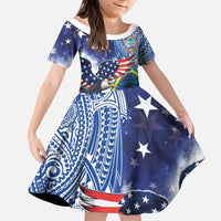 Guam and United States Together Family Matching Puletasi and Hawaiian Shirt Bald Eagle and Guam Seal with Flower and Tribal Tattoos - Polynesian Pride