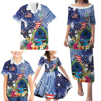 Guam and United States Together Family Matching Puletasi and Hawaiian Shirt Bald Eagle and Guam Seal with Flower and Tribal Tattoos - Polynesian Pride