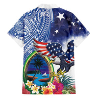 Guam and United States Together Family Matching Short Sleeve Bodycon Dress and Hawaiian Shirt Bald Eagle and Guam Seal with Flower and Tribal Tattoos - Polynesian Pride