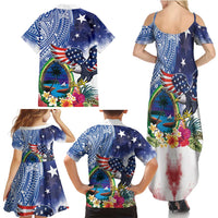 Guam and United States Together Family Matching Summer Maxi Dress and Hawaiian Shirt Bald Eagle and Guam Seal with Flower and Tribal Tattoos - Polynesian Pride