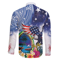 Guam and United States Together Family Matching Summer Maxi Dress and Hawaiian Shirt Bald Eagle and Guam Seal with Flower and Tribal Tattoos - Polynesian Pride