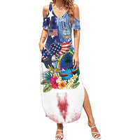 Guam and United States Together Family Matching Summer Maxi Dress and Hawaiian Shirt Bald Eagle and Guam Seal with Flower and Tribal Tattoos - Polynesian Pride