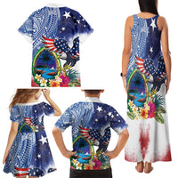 Guam and United States Together Family Matching Tank Maxi Dress and Hawaiian Shirt Bald Eagle and Guam Seal with Flower and Tribal Tattoos - Polynesian Pride