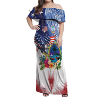 Guam and United States Together Off Shoulder Maxi Dress Bald Eagle and Guam Seal with Flower and Tribal Tattoos - Polynesian Pride