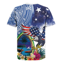 Guam and United States Together Rugby Jersey Bald Eagle and Guam Seal with Flower and Tribal Tattoos - Polynesian Pride