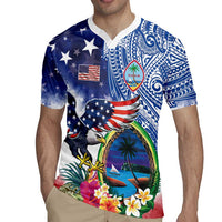 Guam and United States Together Rugby Jersey Bald Eagle and Guam Seal with Flower and Tribal Tattoos LT03 - Polynesian Pride