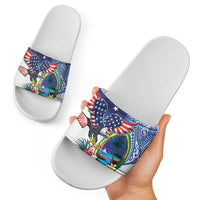 Guam and United States Together Slide Sandals Bald Eagle and Guam Seal with Flower and Tribal Tattoos - Polynesian Pride
