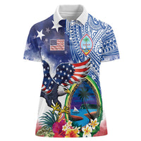Guam and United States Together Women Polo Shirt Bald Eagle and Guam Seal with Flower and Tribal Tattoos - Polynesian Pride