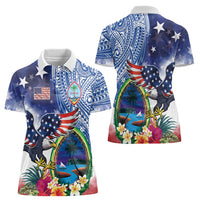 Guam and United States Together Women Polo Shirt Bald Eagle and Guam Seal with Flower and Tribal Tattoos - Polynesian Pride