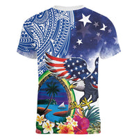 Guam and United States Together Women V-Neck T-Shirt Bald Eagle and Guam Seal with Flower and Tribal Tattoos - Polynesian Pride