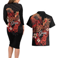 Guam Tribal Chamorro Couples Matching Long Sleeve Bodycon Dress and Hawaiian Shirt Polynesian Shark with Plumeria and Sea Vibe - Polynesian Pride