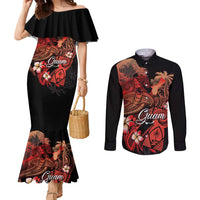 Guam Tribal Chamorro Couples Matching Mermaid Dress and Long Sleeve Button Shirt Polynesian Shark with Plumeria and Sea Vibe - Polynesian Pride