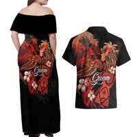Guam Tribal Chamorro Couples Matching Off Shoulder Maxi Dress and Hawaiian Shirt Polynesian Shark with Plumeria and Sea Vibe - Polynesian Pride