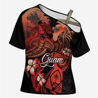 Guam Tribal Chamorro Cross Shoulder Shirt Polynesian Shark with Plumeria and Sea Vibe - Polynesian Pride