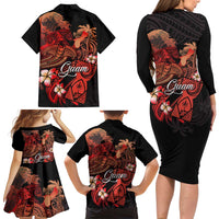 Guam Tribal Chamorro Family Matching Long Sleeve Bodycon Dress and Hawaiian Shirt Polynesian Shark with Plumeria and Sea Vibe - Polynesian Pride