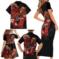 Guam Tribal Chamorro Family Matching Short Sleeve Bodycon Dress and Hawaiian Shirt Polynesian Shark with Plumeria and Sea Vibe - Polynesian Pride