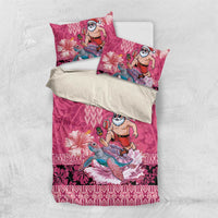 Hawaii Mele Kalikimaka Bedding Set Funny Santa with Tribal Tattoos Kakau Pink Color - Polynesian Pride