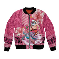 Hawaii Mele Kalikimaka Bomber Jacket Funny Santa with Tribal Tattoos Kakau Pink Color - Polynesian Pride