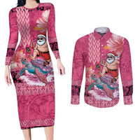 Hawaii Mele Kalikimaka Couples Matching Long Sleeve Bodycon Dress and Long Sleeve Button Shirt Funny Santa with Tribal Tattoos Kakau Pink Color - Polynesian Pride