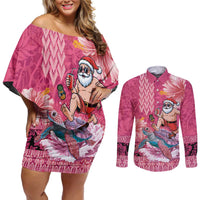 Hawaii Mele Kalikimaka Couples Matching Off Shoulder Short Dress and Long Sleeve Button Shirt Funny Santa with Tribal Tattoos Kakau Pink Color - Polynesian Pride