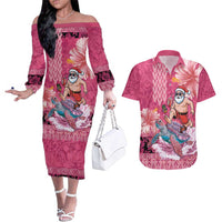 Hawaii Mele Kalikimaka Couples Matching Off The Shoulder Long Sleeve Dress and Hawaiian Shirt Funny Santa with Tribal Tattoos Kakau Pink Color - Polynesian Pride