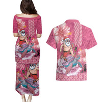 Hawaii Mele Kalikimaka Couples Matching Puletasi and Hawaiian Shirt Funny Santa with Tribal Tattoos Kakau Pink Color - Polynesian Pride