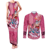 Hawaii Mele Kalikimaka Couples Matching Tank Maxi Dress and Long Sleeve Button Shirt Funny Santa with Tribal Tattoos Kakau Pink Color - Polynesian Pride