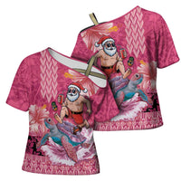 Hawaii Mele Kalikimaka Cross Shoulder Shirt Funny Santa with Tribal Tattoos Kakau Pink Color - Polynesian Pride