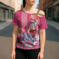 Hawaii Mele Kalikimaka Cross Shoulder Shirt Funny Santa with Tribal Tattoos Kakau Pink Color - Polynesian Pride