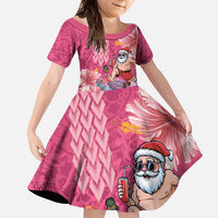 Hawaii Mele Kalikimaka Family Matching Long Sleeve Bodycon Dress and Hawaiian Shirt Funny Santa with Tribal Tattoos Kakau Pink Color - Polynesian Pride