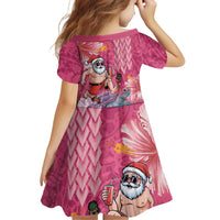 Hawaii Mele Kalikimaka Family Matching Long Sleeve Bodycon Dress and Hawaiian Shirt Funny Santa with Tribal Tattoos Kakau Pink Color - Polynesian Pride
