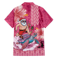 Hawaii Mele Kalikimaka Family Matching Long Sleeve Bodycon Dress and Hawaiian Shirt Funny Santa with Tribal Tattoos Kakau Pink Color - Polynesian Pride