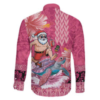 Hawaii Mele Kalikimaka Family Matching Long Sleeve Bodycon Dress and Hawaiian Shirt Funny Santa with Tribal Tattoos Kakau Pink Color - Polynesian Pride