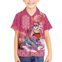 Hawaii Mele Kalikimaka Family Matching Mermaid Dress and Hawaiian Shirt Funny Santa with Tribal Tattoos Kakau Pink Color - Polynesian Pride