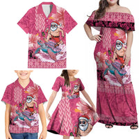Hawaii Mele Kalikimaka Family Matching Off Shoulder Maxi Dress and Hawaiian Shirt Funny Santa with Tribal Tattoos Kakau Pink Color - Polynesian Pride