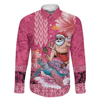 Hawaii Mele Kalikimaka Family Matching Off Shoulder Maxi Dress and Hawaiian Shirt Funny Santa with Tribal Tattoos Kakau Pink Color - Polynesian Pride