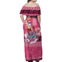 Hawaii Mele Kalikimaka Family Matching Off Shoulder Maxi Dress and Hawaiian Shirt Funny Santa with Tribal Tattoos Kakau Pink Color - Polynesian Pride
