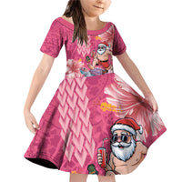 Hawaii Mele Kalikimaka Family Matching Off Shoulder Short Dress and Hawaiian Shirt Funny Santa with Tribal Tattoos Kakau Pink Color - Polynesian Pride