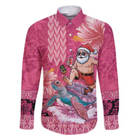 Hawaii Mele Kalikimaka Family Matching Off Shoulder Short Dress and Hawaiian Shirt Funny Santa with Tribal Tattoos Kakau Pink Color - Polynesian Pride