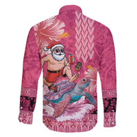 Hawaii Mele Kalikimaka Family Matching Off Shoulder Short Dress and Hawaiian Shirt Funny Santa with Tribal Tattoos Kakau Pink Color - Polynesian Pride