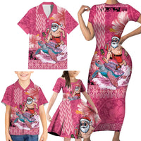 Hawaii Mele Kalikimaka Family Matching Short Sleeve Bodycon Dress and Hawaiian Shirt Funny Santa with Tribal Tattoos Kakau Pink Color - Polynesian Pride