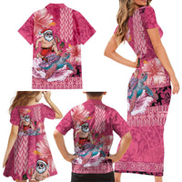 Hawaii Mele Kalikimaka Family Matching Short Sleeve Bodycon Dress and Hawaiian Shirt Funny Santa with Tribal Tattoos Kakau Pink Color - Polynesian Pride