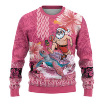 Hawaii Mele Kalikimaka Ugly Christmas Sweater Funny Santa with Tribal Tattoos Kakau Pink Color - Polynesian Pride