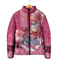 Hawaii Mele Kalikimaka Padded Jacket Funny Santa with Tribal Tattoos Kakau Pink Color - Polynesian Pride