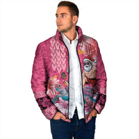Hawaii Mele Kalikimaka Padded Jacket Funny Santa with Tribal Tattoos Kakau Pink Color - Polynesian Pride