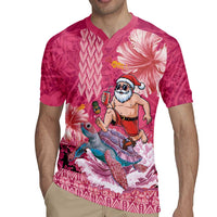 Hawaii Mele Kalikimaka Rugby Jersey Funny Santa with Tribal Tattoos Kakau Pink Color - Polynesian Pride