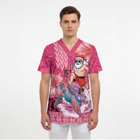 Hawaii Mele Kalikimaka Scrub Top Funny Santa with Tribal Tattoos Kakau Pink Color - Polynesian Pride