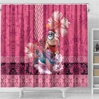 Hawaii Mele Kalikimaka Shower Curtain Funny Santa with Tribal Tattoos Kakau Pink Color - Polynesian Pride